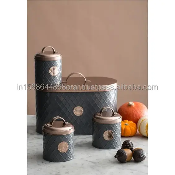 Metal Bread Box for Kitchen Storage Grey & Copper Embossed Kitchen Canister- Perfect Bread Keeper