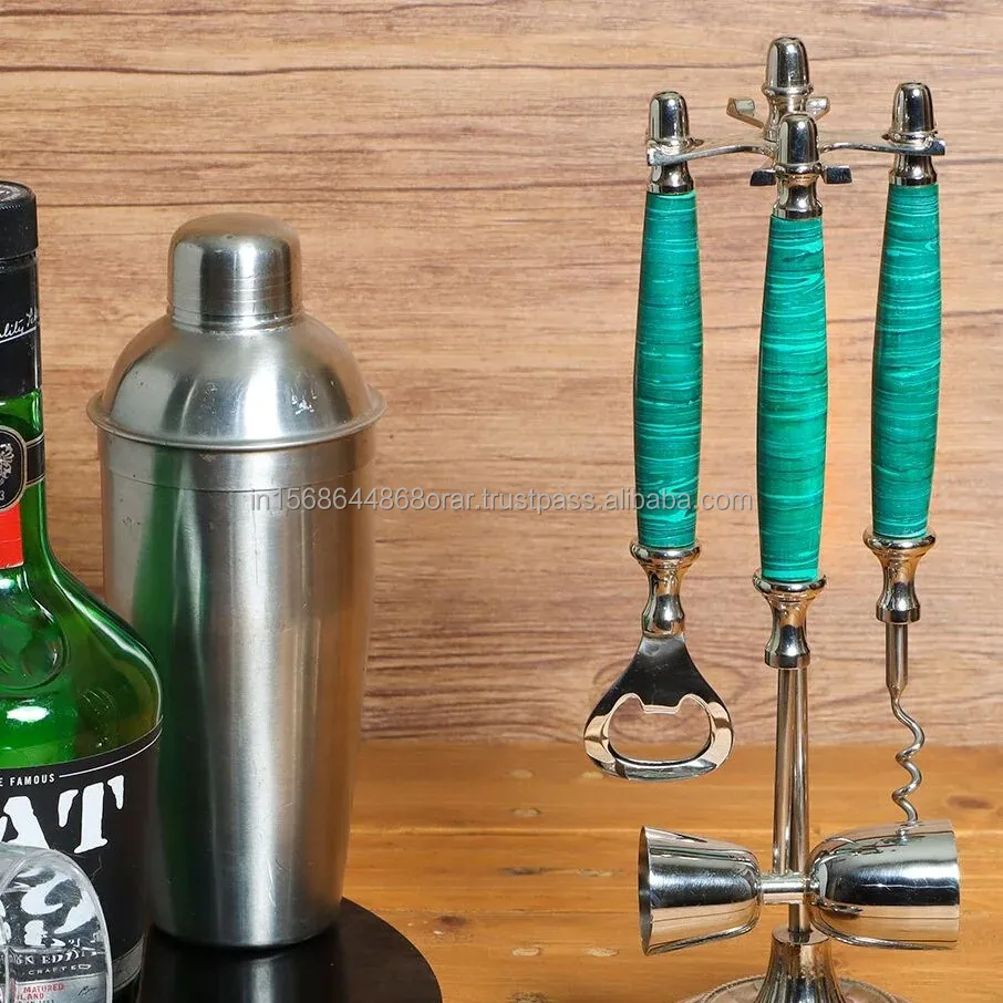 Fancy Bar tools & Accessories set of 5 pcs Scoop-opener-cork screw-peg measure stainless steel & resin silver/green design