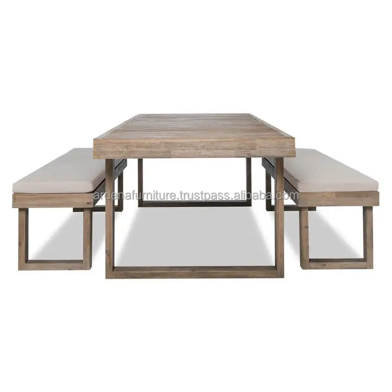 Rectangular Dining Table Set with Removable Cushion Seat Teak Wood Bench for Outdoor Hotel Banquet Restaurant Furniture Use