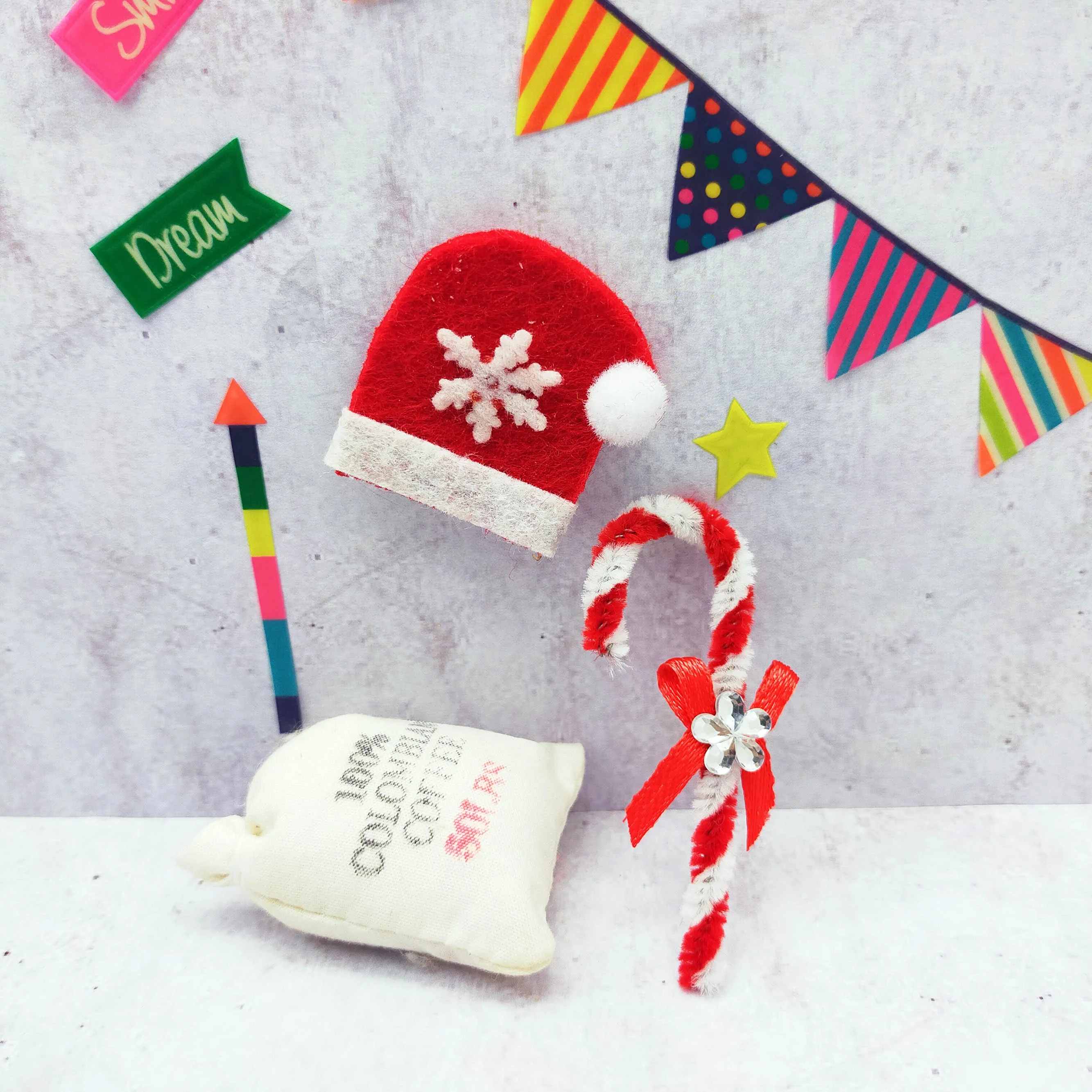 Dollhouse miniatures Scale 1:12 Felt Christmas hat,  Chenille Stems Candy Cane, Sack of Coffee Beans