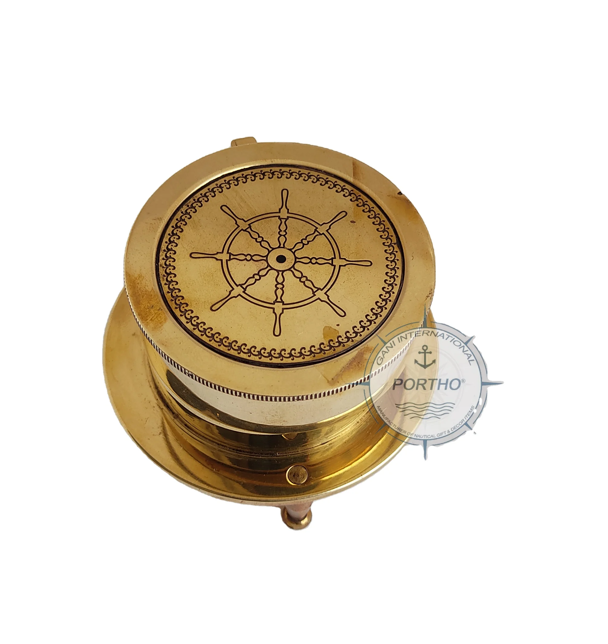Vintage Brass Roman Numeral Desk Clock With Marine Compass Nautical Maritime Table Top Decor