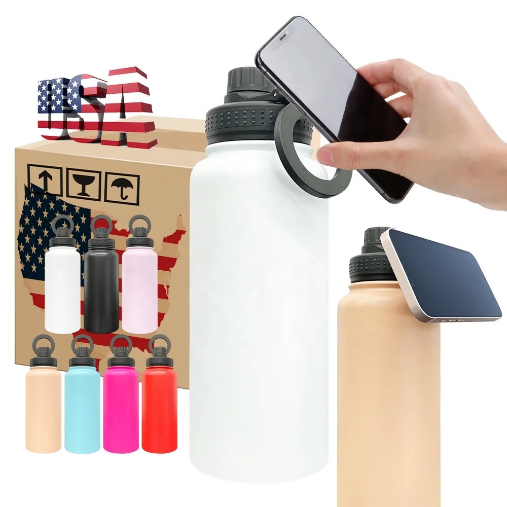 double walled stainless steel powder coated copper 32oz bottle with magnetic phone holder with lid