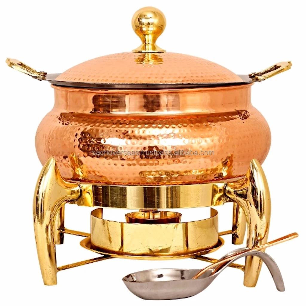 Topseller Indian Handcrafted Copper Chafing Dish with Fuel Gel Stand and Lid Holder