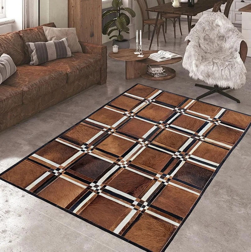 Natural Tricolor Cowhide Real Fur Genuine Cow Leather Carpet And Rugs Hair-on Handmade Patchwork Leather cowhide Area Carpets