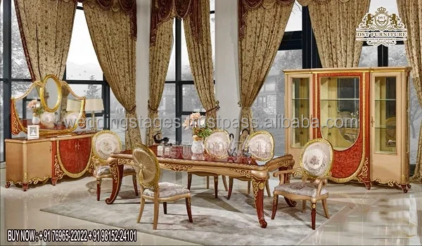 Persian Style Gold Leaf Dining Room Furniture Royal Shine High Gloss Polish Dining Table Luxury Turkish 8-Seater Dining Table