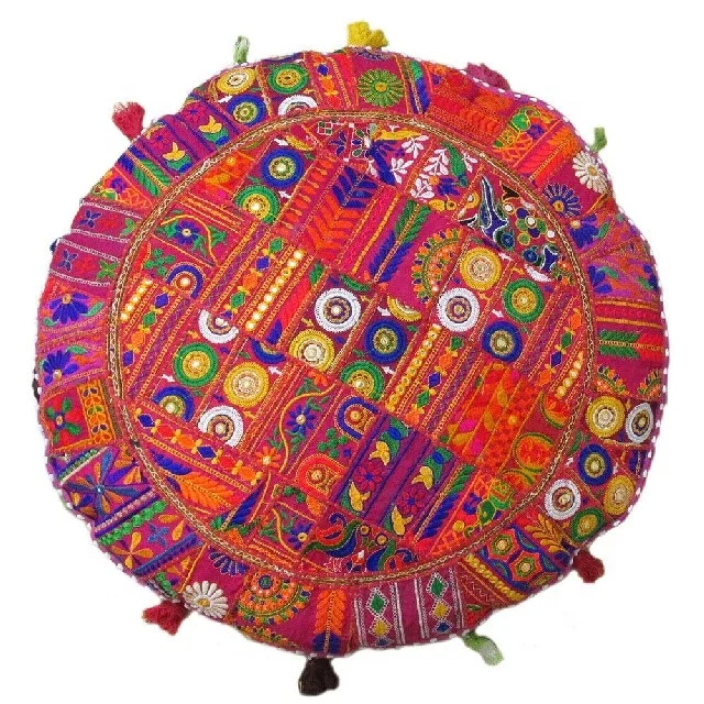 Bohemian Round Patchwork Pillow covers Indian Handmade Hand Embroidered Patchwork Cushion Cover With PomPom Home Decor