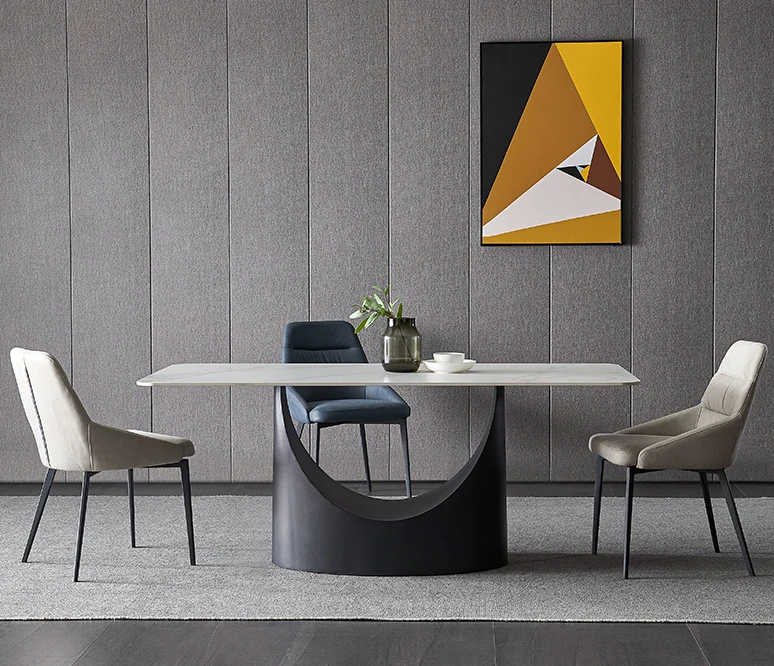 Minimalist Rectangular Marble Sintered Stone Top Steel Metal Legs Base Rectangular Dining Table