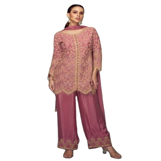 Designer Fancy Western Style Dress Chinon Threads Embroidery Work Top, Bottom With Dupatta / Shrug Sets Wholesale