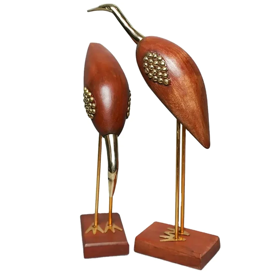 Wooden and Brass crane Wooden Antique Decorative Saras Swan Crane Love Birds Showpiece Set of 2