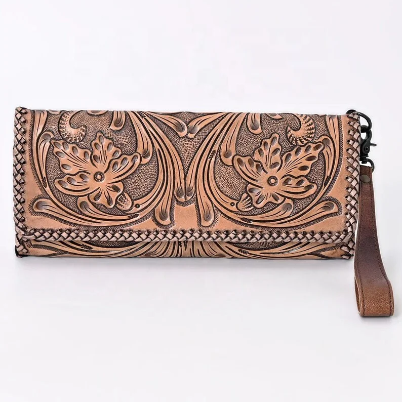 New Aztec Tooled Handmade Women Wallet Genuine Leather Clutch Western Wallet Boho Design Card Cash Slots Genuine Leather Goods
