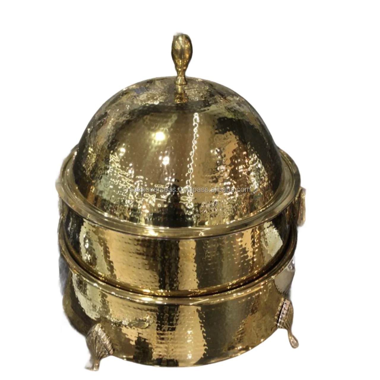 Luxurious Gold Round Mirror Finish Hammered Brass Metal Chafing Dish 6 Litre For Restaurants and Cafeteria Buffetware