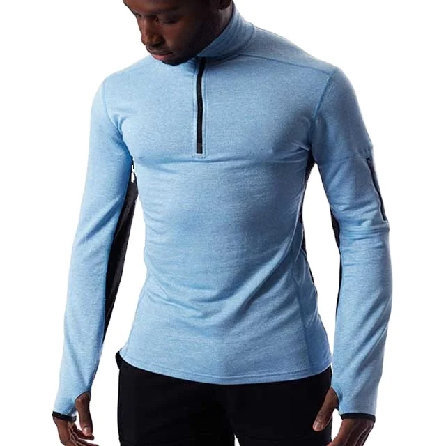High quality Custom Males Gym Wear 1/4 thumb hole zipper Raglan Sleeve Mositure Wicking Men Funnel Neck thumb hole