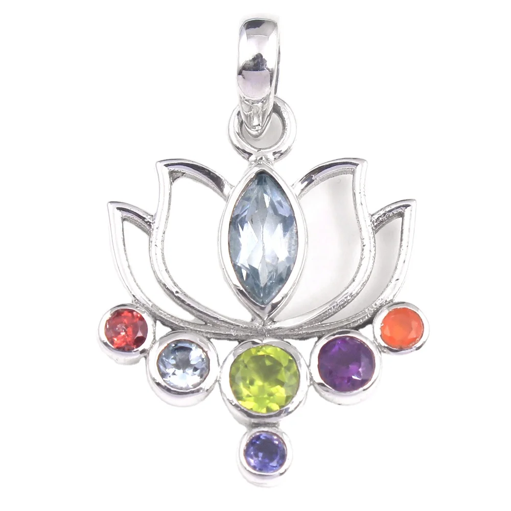 Chakra pendant Amethyst Topaz Peridot Citrine Garnet Carnelian gemstone pendant 925 sterling silver jewelry lotus pendant