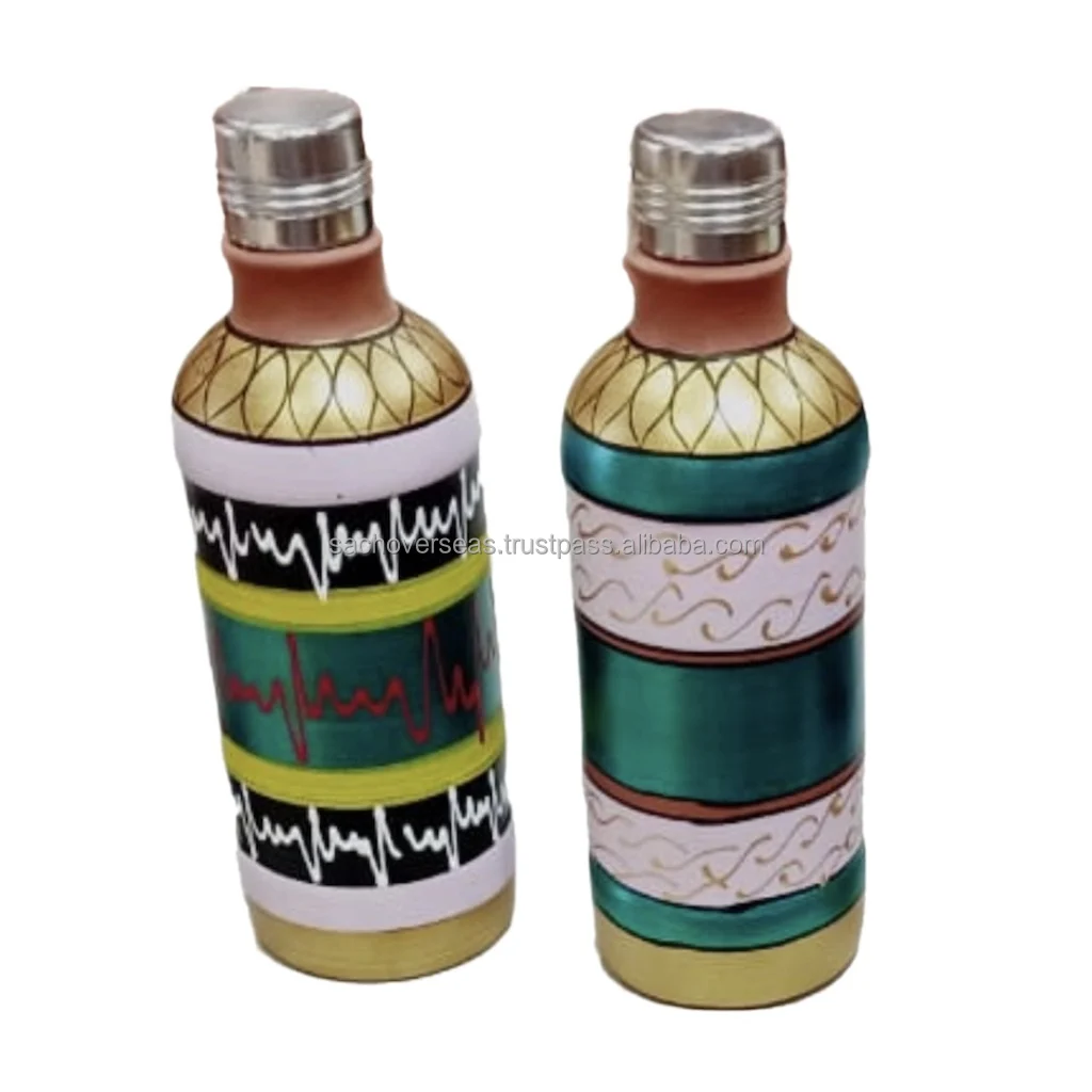 Premium Organic Clay 900 ML Hand-Painted Eco Friendly Portable Water Bottle with Metal Lid For Cool Water