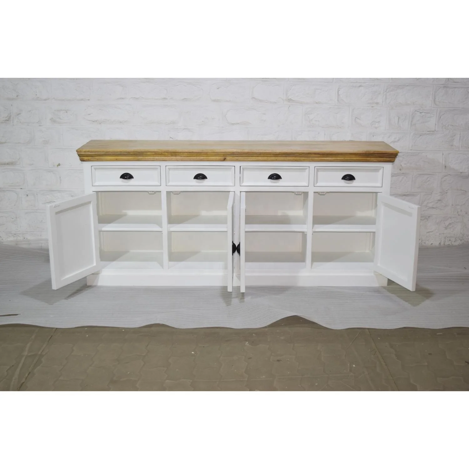 Classic French White & Brown Top Long Storage Drawer Sideboard for Kitchen Dining Living Room or Workshop