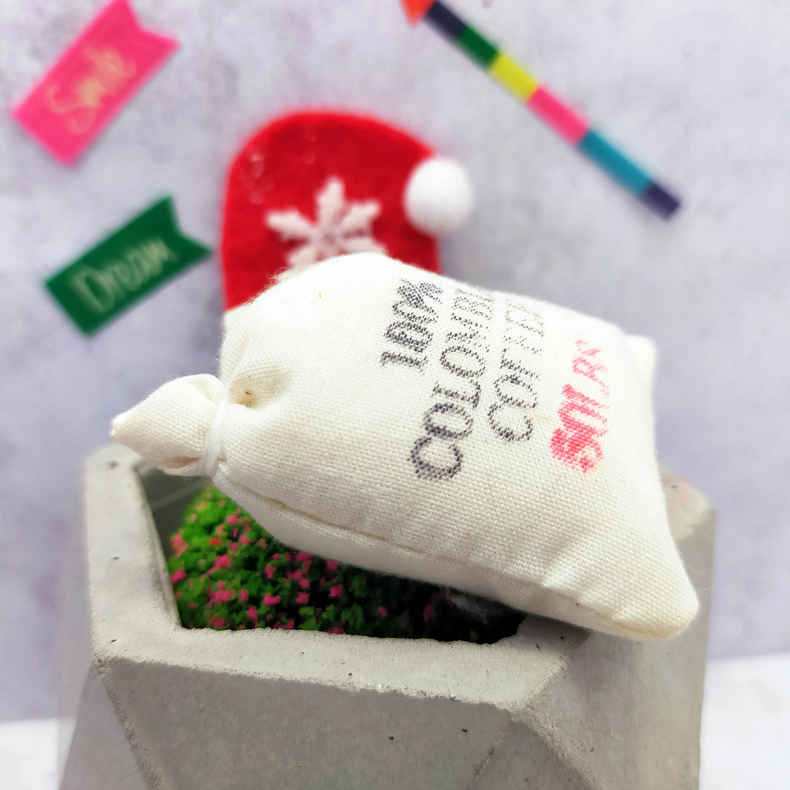 Dollhouse miniatures Scale 1:12 Felt Christmas hat,  Chenille Stems Candy Cane, Sack of Coffee Beans