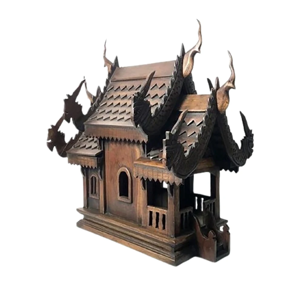 SanPraPhum Traditional Thai Style Spirit House, Teak Wood Carving in Brown, Size 75 cm for Home Decor