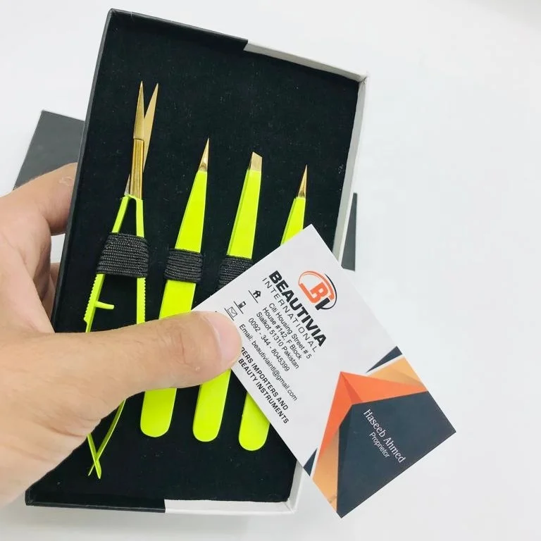 Lime Green With Gold Stainless Steel Eyebrow Tweezers Scissor Set Brow Shaping Tweezer Beauty Cosmetic Tools