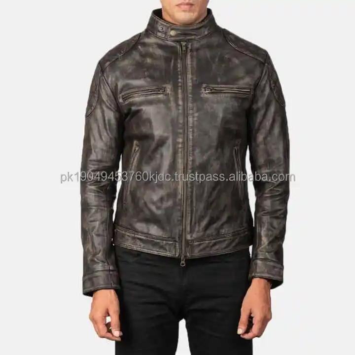 Real Leather Sheepskin Aniline Zipper Gatsby Distressed Brown Men Biker Jacket with Quilted Viscose Lining Inside Outside Pocket