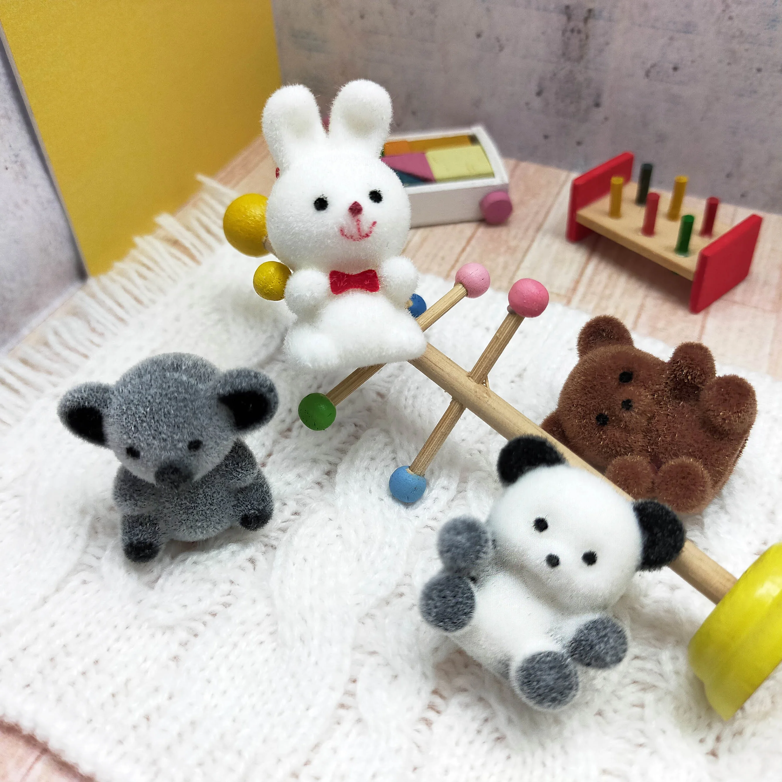 Miniature Dollhouse Flocking Animals bear rabbit koala raccoon panda unicorn Mini Decoration