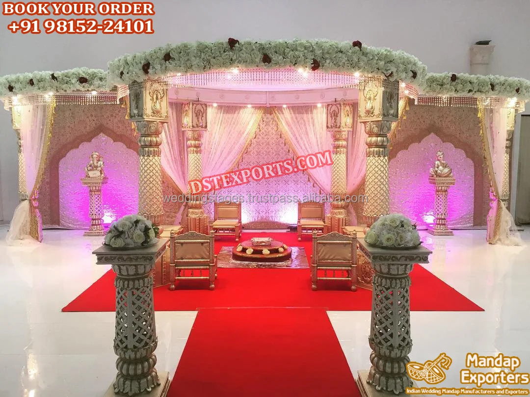Golden look Peacock Carved Wedding Mandap South Indian Wedding Peacock Carved Mandap Setup Traditional Wedding Mandap Setup