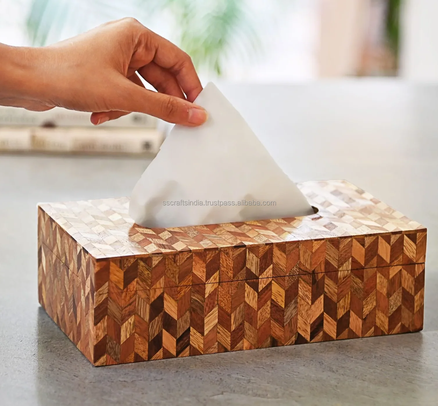 Hot selling wooden tissue box handmade Diamond Inlay wooden tissue storage box Fantastic Design acacia wood tissue box Indian