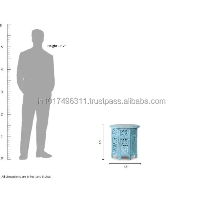 Wooden Handcrafted Carved Antique Solid Folding Sky Blue Coffee Table Wood Side (Finish Color - )