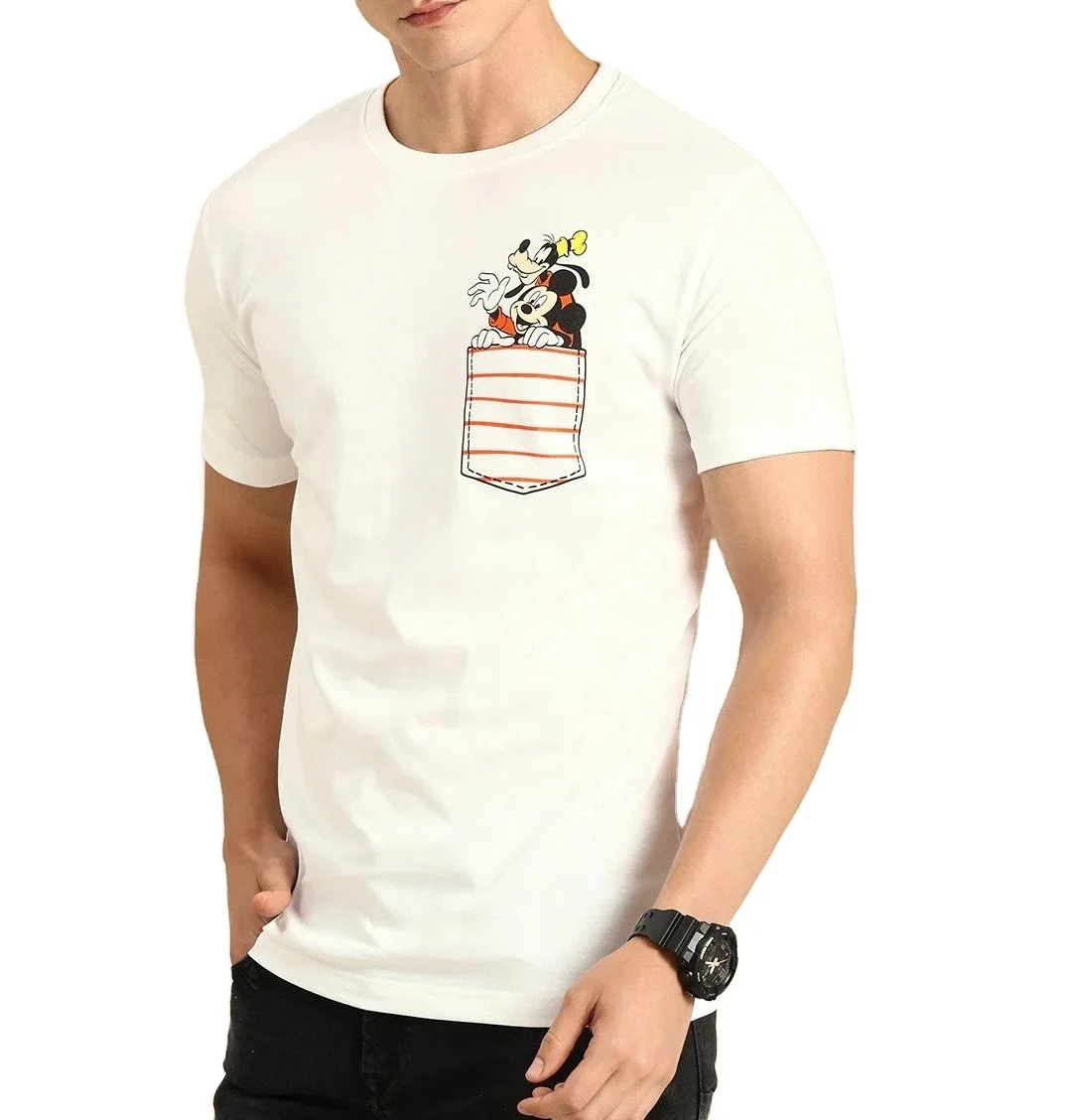 Men White Goofy & Mickey Printed Round Neck T-shirt 100% cotton