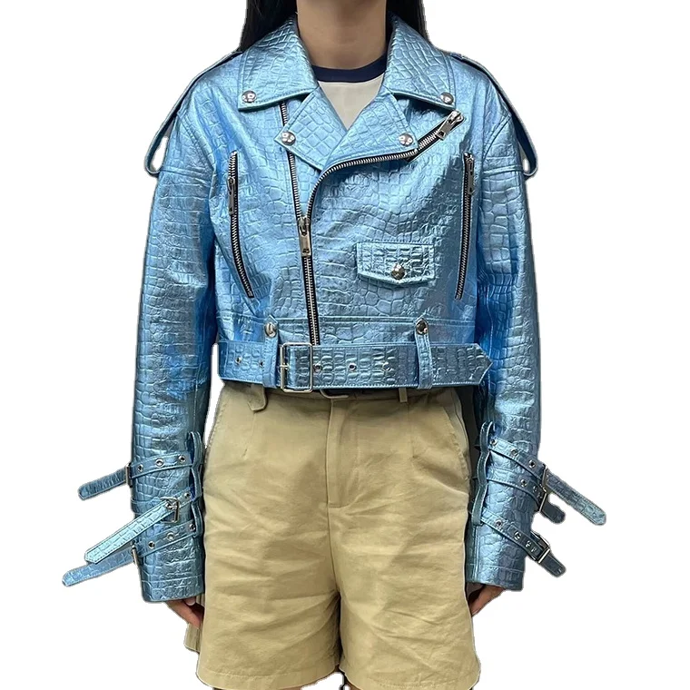 Women PU Leather Biker Jacket Casual Shining Turn Down Collar Crop Long Sleeve Leather Coat Ladies