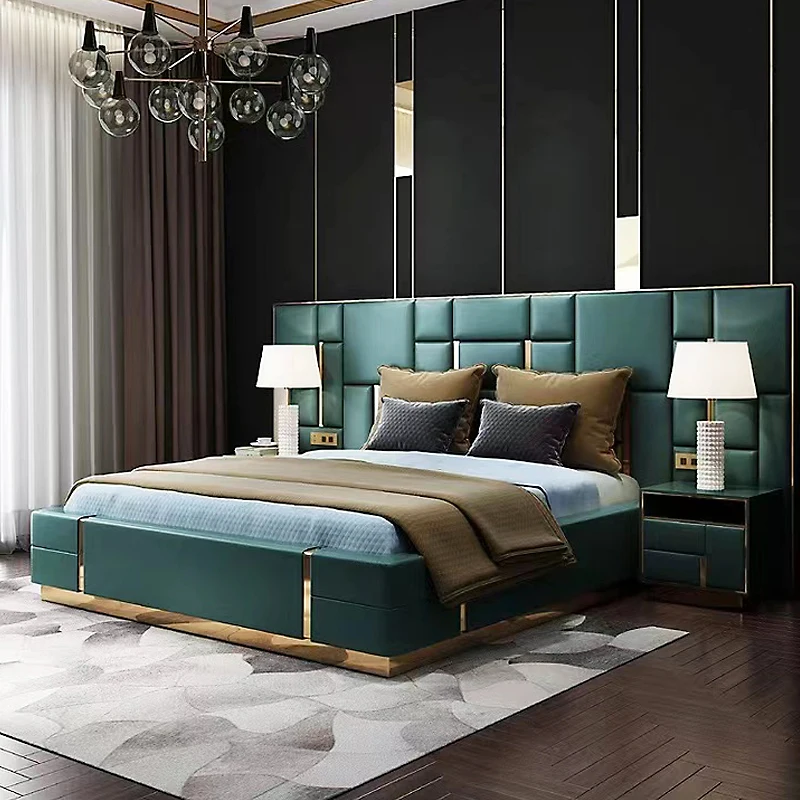 Italian Bed Upholstered Tufted Leather Bedroom Furniture Set Luxury Modern Metal Beds King Size Up-holstered Beds