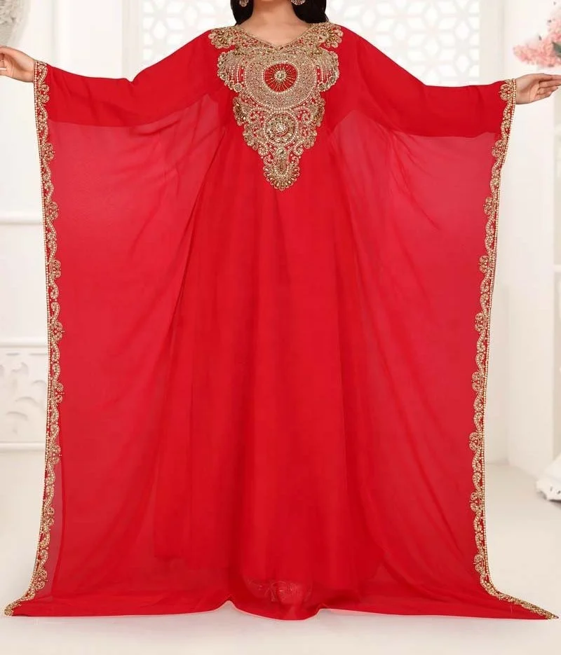 Latest muslim moroccan dress Half Farsha With best Glass Beads Work wedding floral islamic clothing jalabiya for women caftans