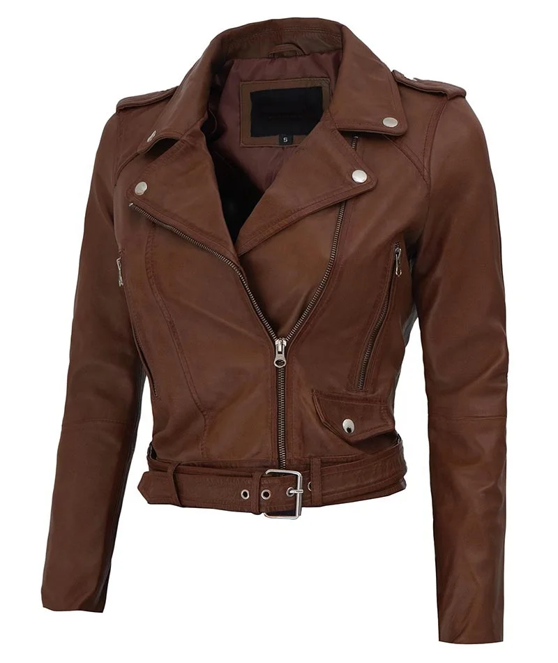 Genuine Buffalo Leather Jacket Customized Design Golden Brown Color Women Biker Leather Fashion Jacket