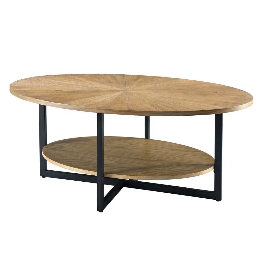 Modern Coffee Table Oval Solid Teak Wood With Natural Finish and Black Leg