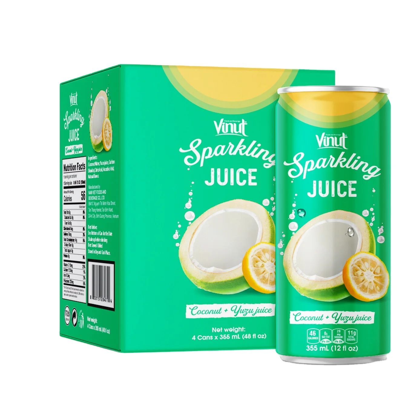 355ml Carbonated drinks Box 4 Cans Coconut & Yuzu Juice Wholesale Suppliers Best Quality Free Sample Free Label New Packing