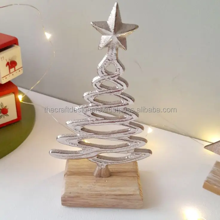 Modern Decorative Aluminium Xmas Tree Wooden Base Hot Selling Home Office Desk Display Christmas Accent Movable Christmas Deco