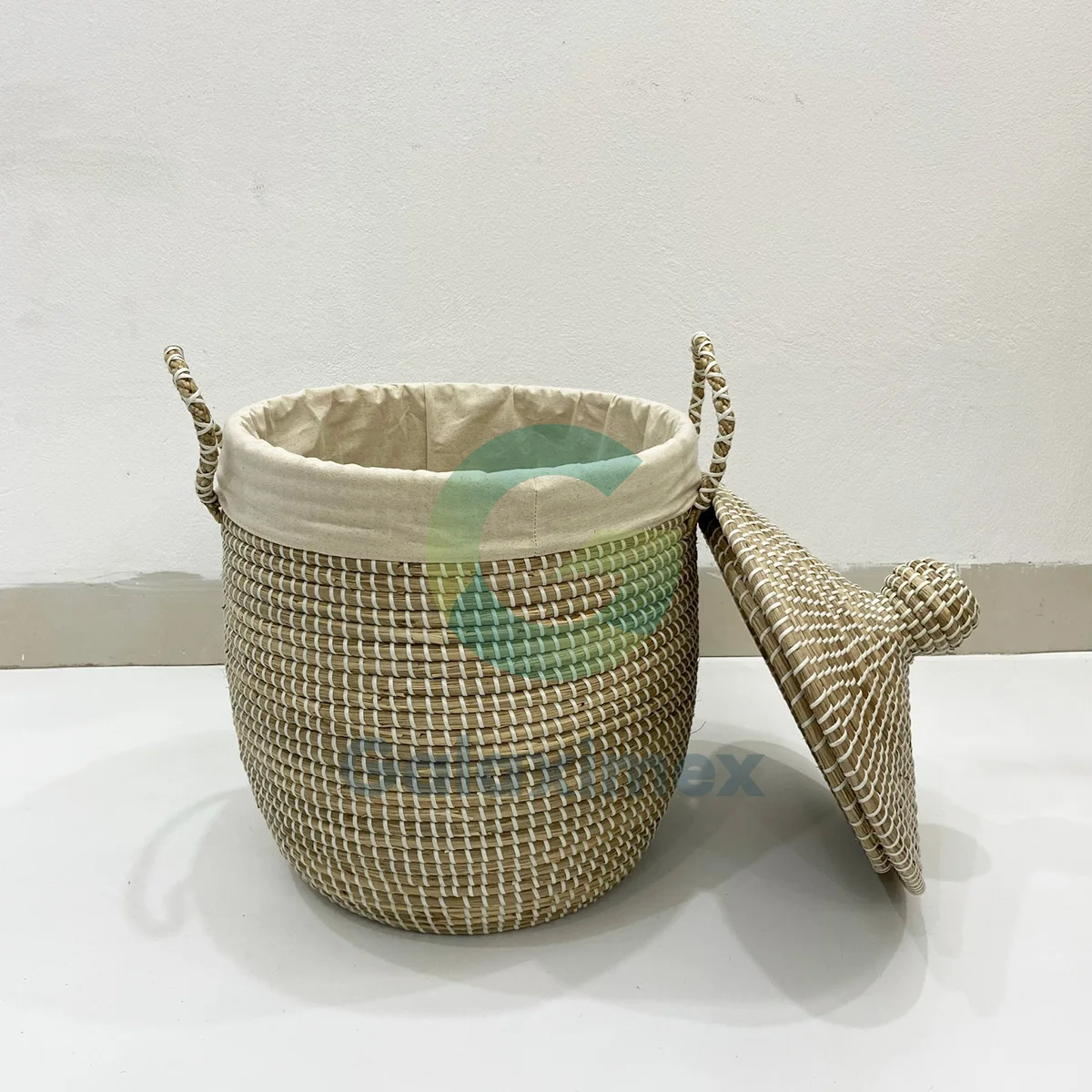 Large white wicker hamper basket handcrafted in Vietnam