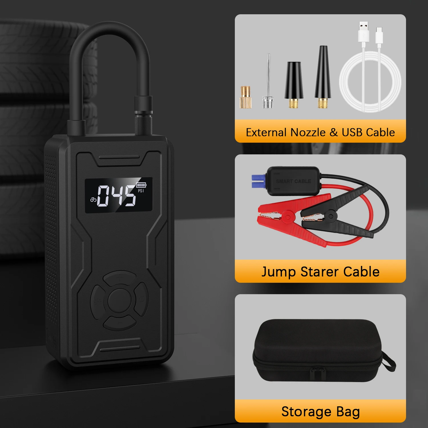 14.8V 600A car jump starter with air compressor 6 in 1 multi-function portable high power jump starter