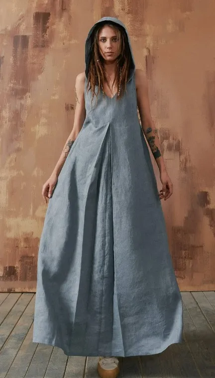 New Arrivals women long 100% linen floor length sleeveless linen long hoodie maxi with pocket linen dress