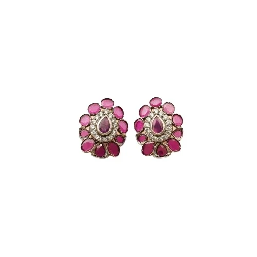 Glamorous Ruby Stone Studded Oxidised Silver Pear Shape Women and Girls Drop Earrings for Daily Casual Wear at Wholesale Price