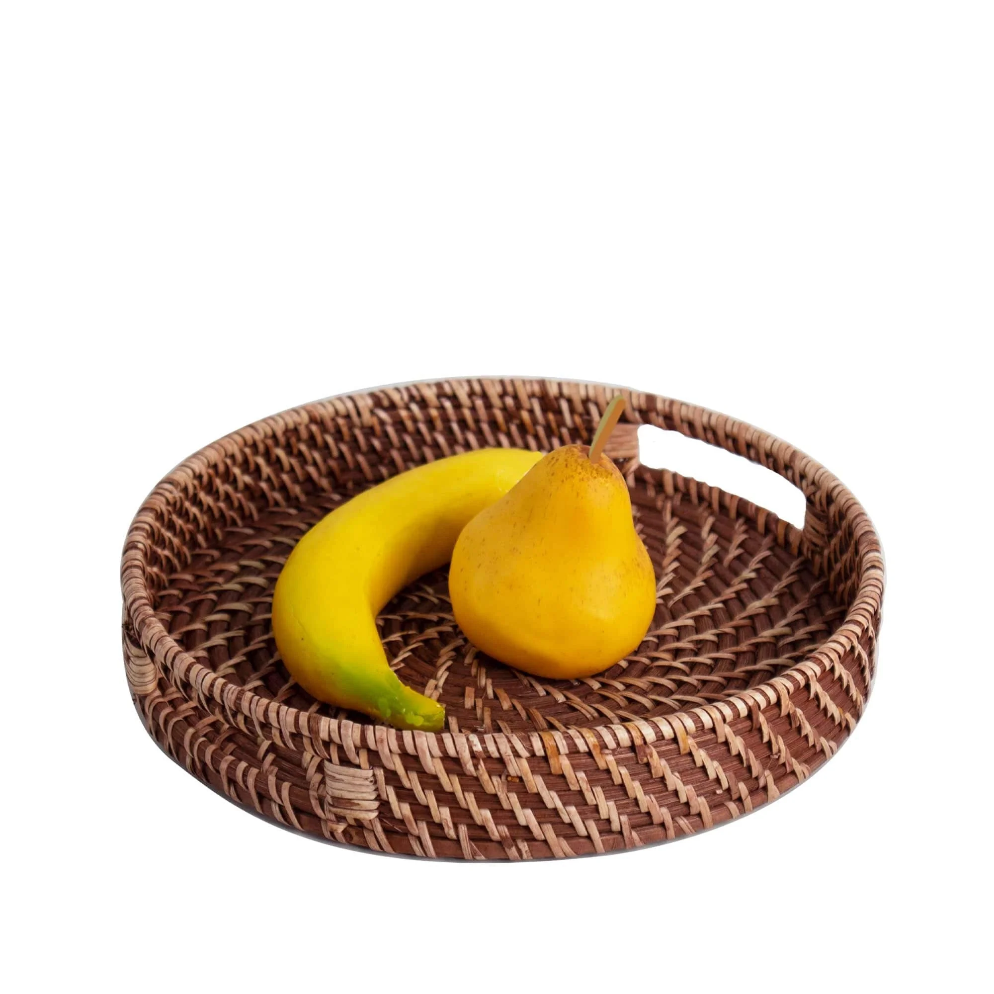 Hot Selling Round Brown Natural Rattan Serving Trays with handles for Food Storage Fruit Storage in the kitchen organization
