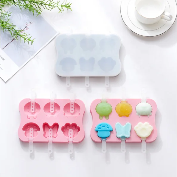 Amazing 6 Cavities Homemade DIY Reusable Silicone Cartoon Shaped Ice Cream Pop Maker Mold with Lids and Wooden Sticks