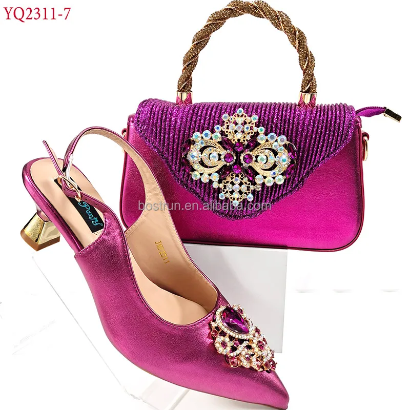 YQ2311 New Silver Color Fashion Italian Shoes With Matching Clutch Bag Hot African Big Wedding With High Heel  and Bag Set Party