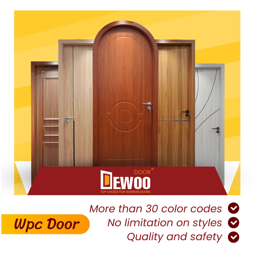 DEWOO Arched WPC PVC Film Door Modern Style Cheap Price for Living Room/Toilet Wooden Plastic Manual Opening Exterior Home Use