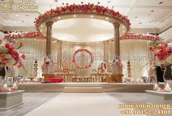 Golden look Peacock Carved Wedding Mandap South Indian Wedding Peacock Carved Mandap Setup Traditional Wedding Mandap Setup