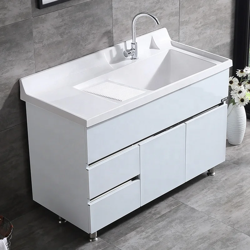 Customized Stainless Steel Laundry Cabinet Artificial Quartz Stone Space Aluminum Bathroom Cabinet Laundry Sink with Washboard