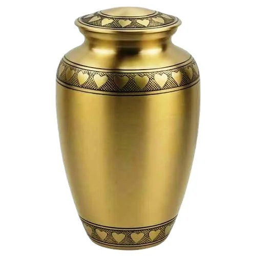 Matte Gold with Black Hand Engraved Band of Heart on Lid, Top and Bottom Brass Adult Cremation Urn 10Hx6.5D inches 2Kg BCU-23A.png