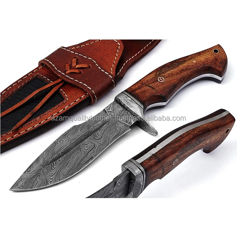 Strong Hand Crafted Camping Knife Damascus Steel Knife with Stag Horn Handle and Cow Hide Leather  cover