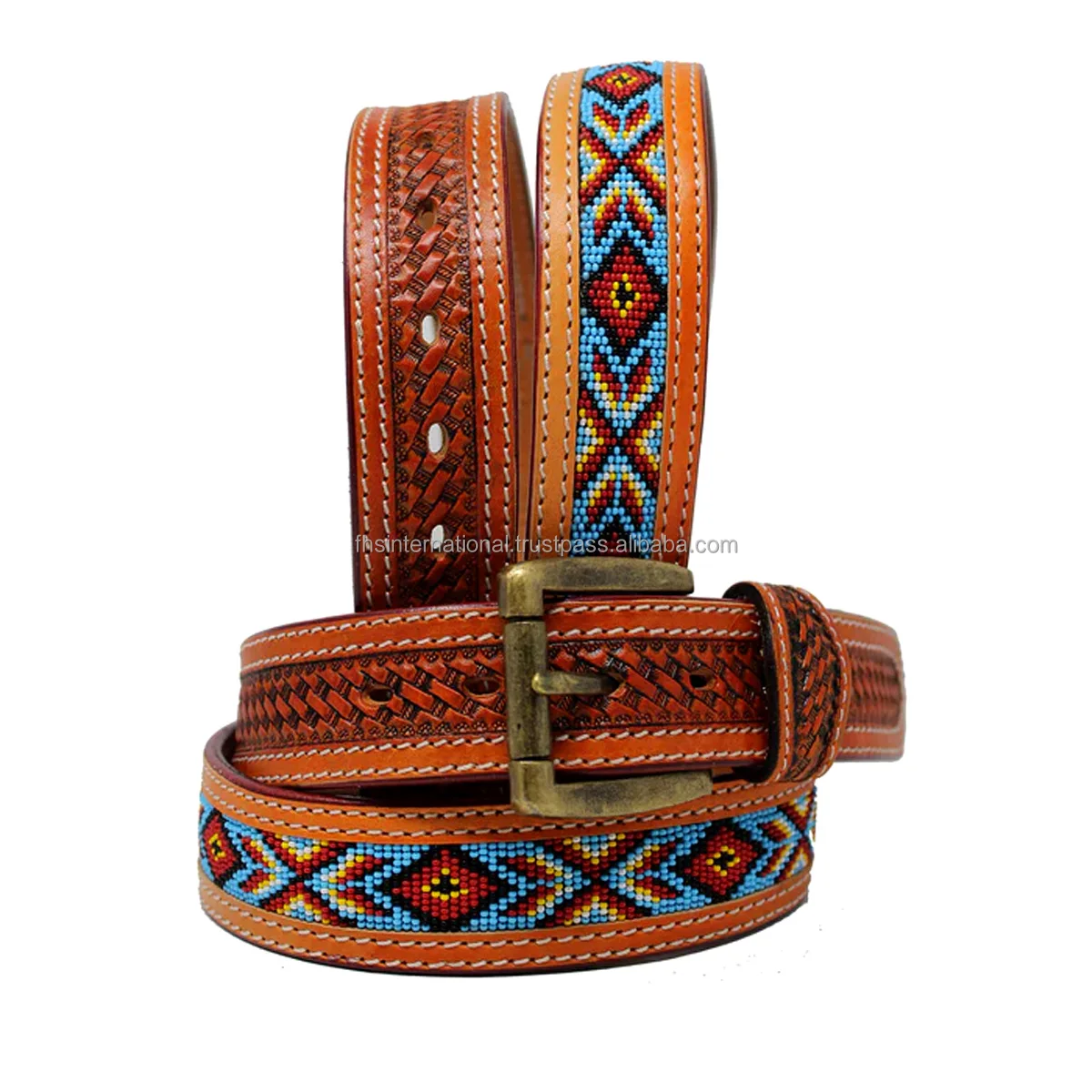 New Arrival Western Belt made by Cow Leather Tradition Basket Tooled double stitched beaded design antique zinc alloy buckle