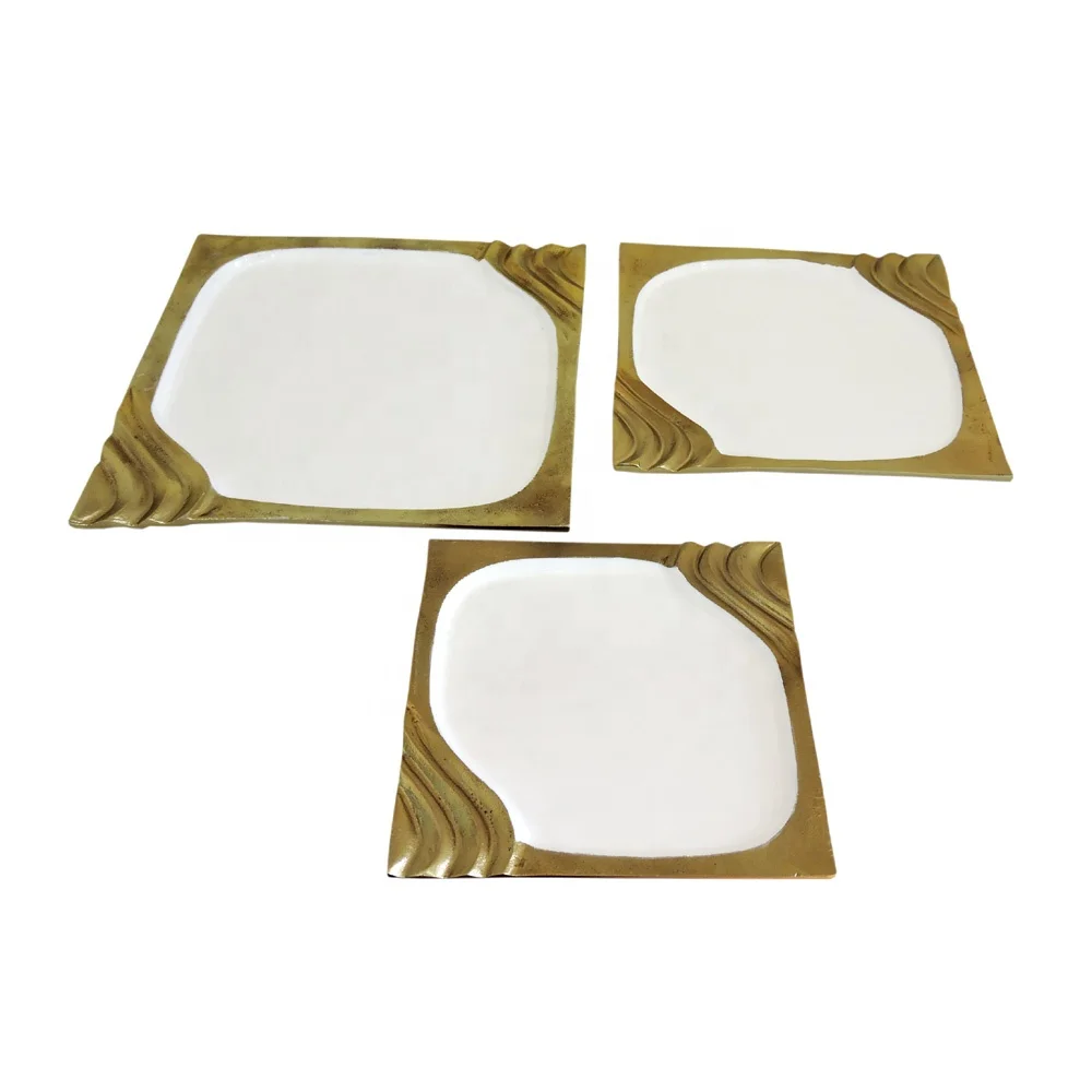 Serving Tray Set of 3 Rectangular Shape Aluminium Tray For Serving White and Gold Color wholesale serving tray