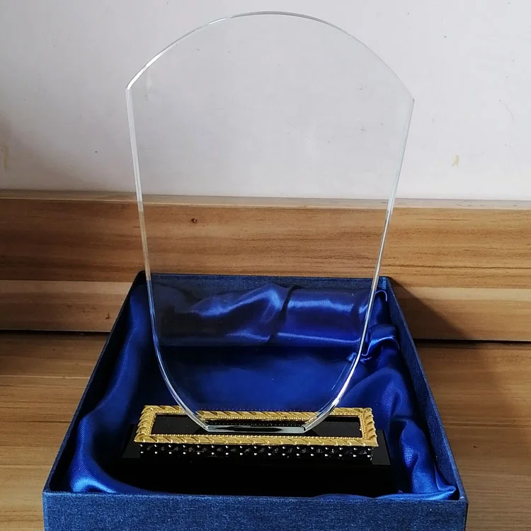 wholesale high quality k9 blank crystal glass shield trophy black base for 3d laser engraving  with Golden trim base